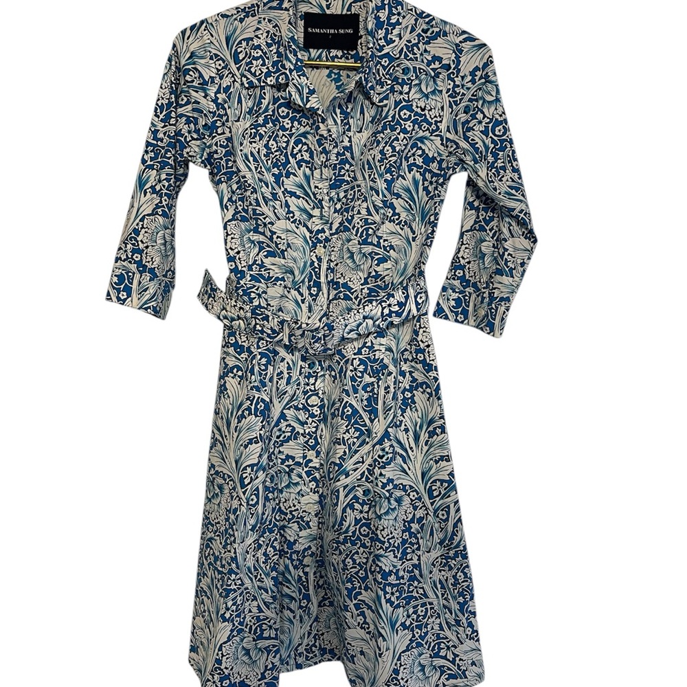SAMANTHA SUNG Blue and White Buttoned Front Dress with Belt